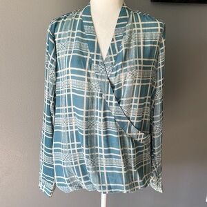 CAbi Windowpane Plaid Wrap Blue Long Sleeve Blouse